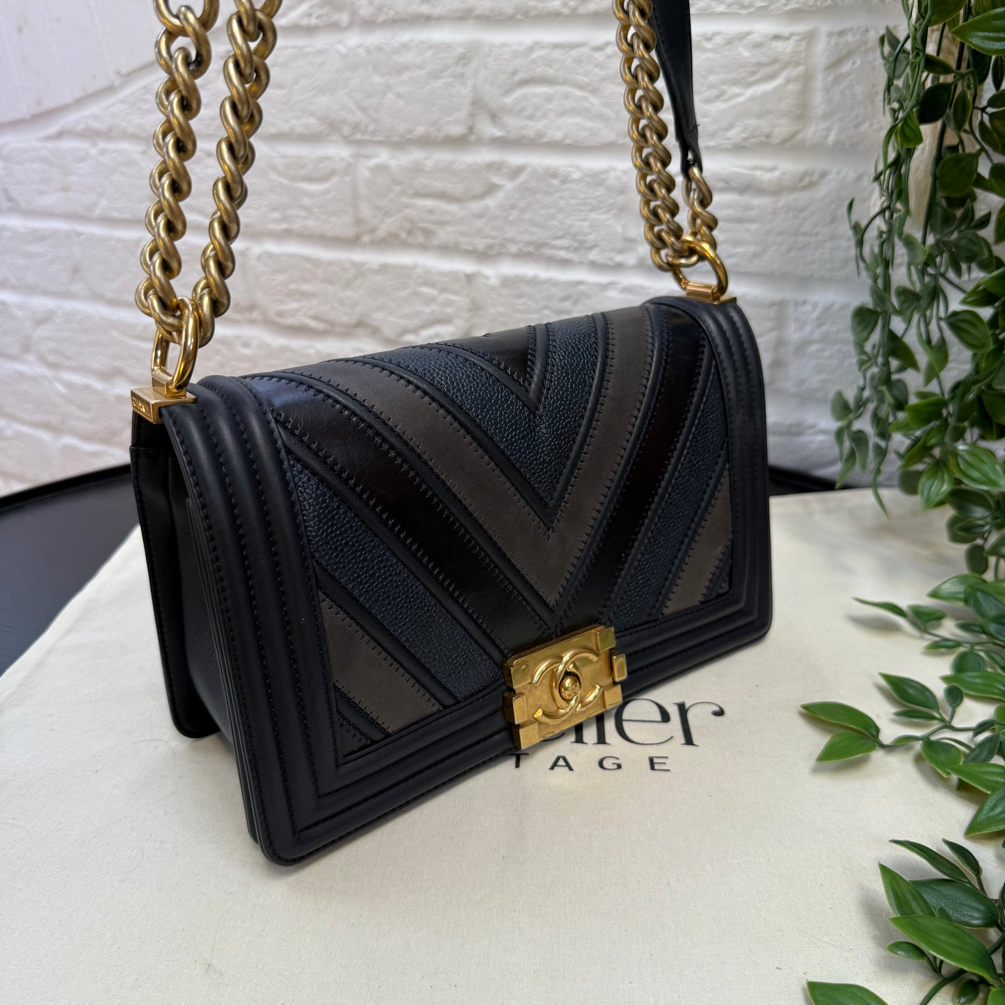 Chanel 2016 Rare Navy Le Boy Caviar & Calf Skin Chevron Old Medium