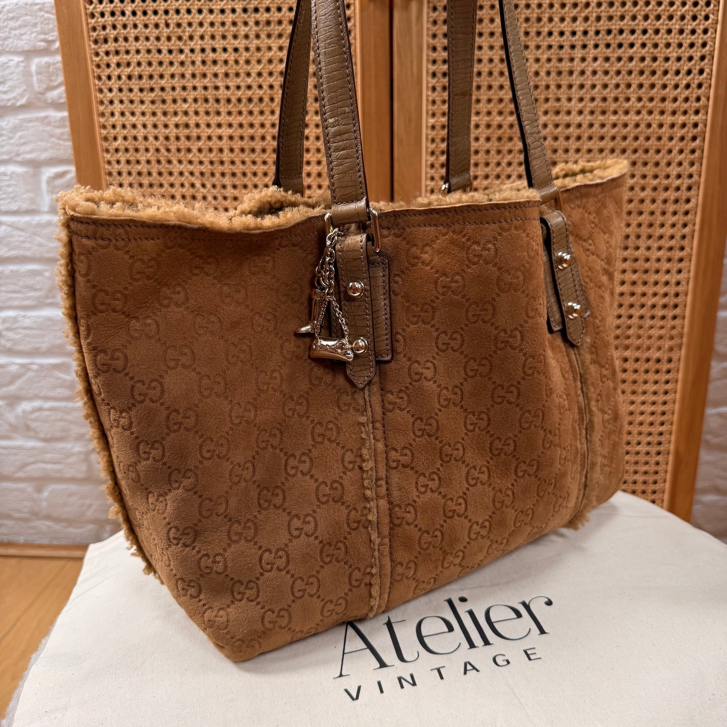 Gucci 2004 GG Monogram Sheepskin Shearling Iconic Charm Tote