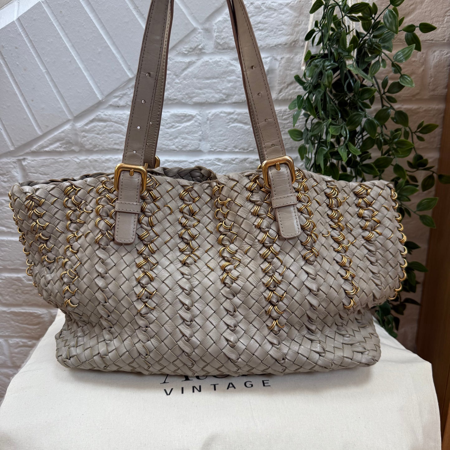 Bottega Veneta Lido Taupe & Gold ring tote