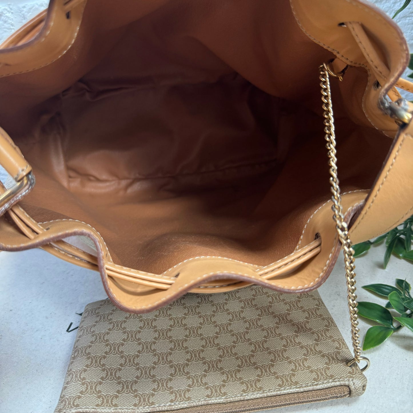 Celine Beige Macadam Bucket Bag with Pouch