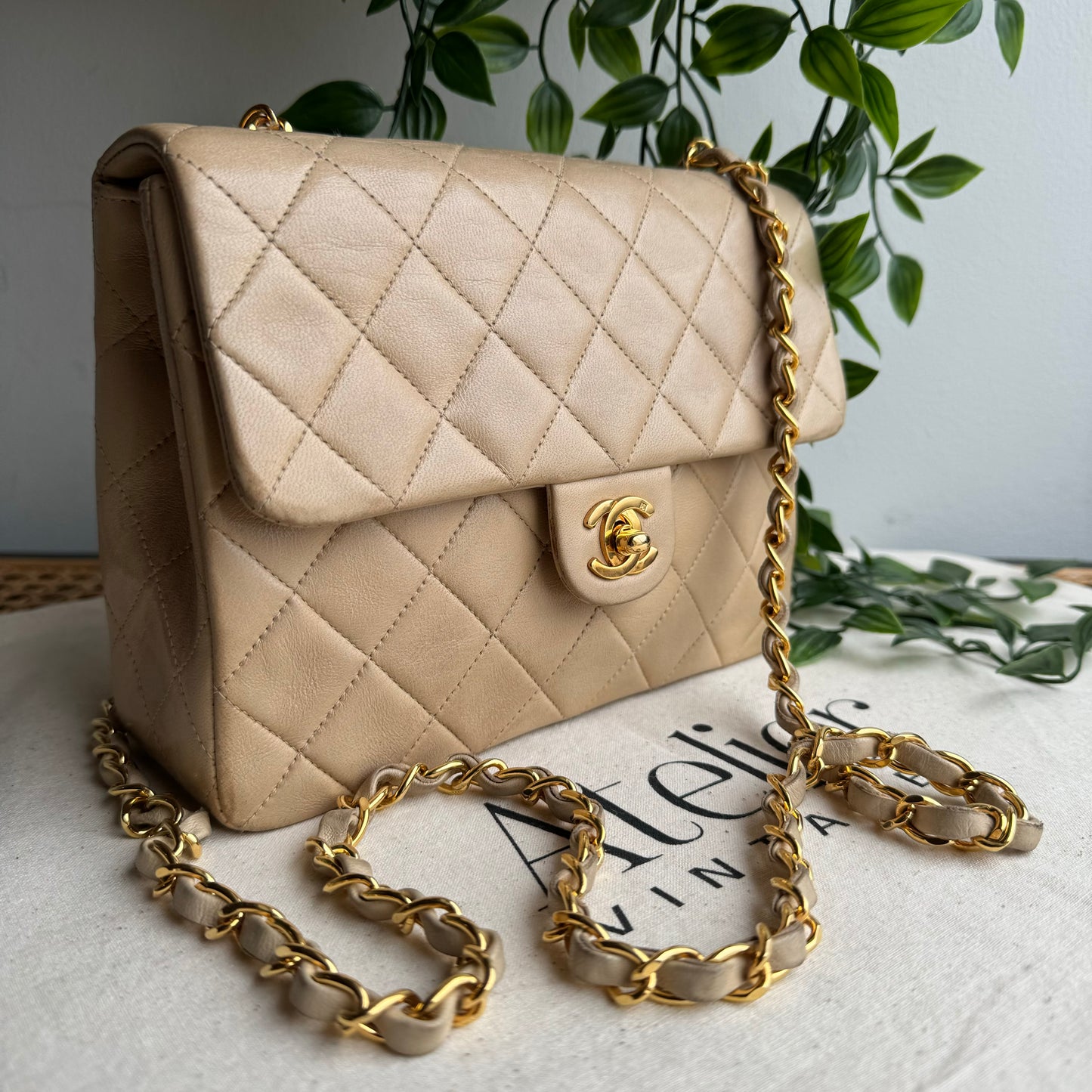 Chanel 1991 Beige Square Classic Single Flap Medium