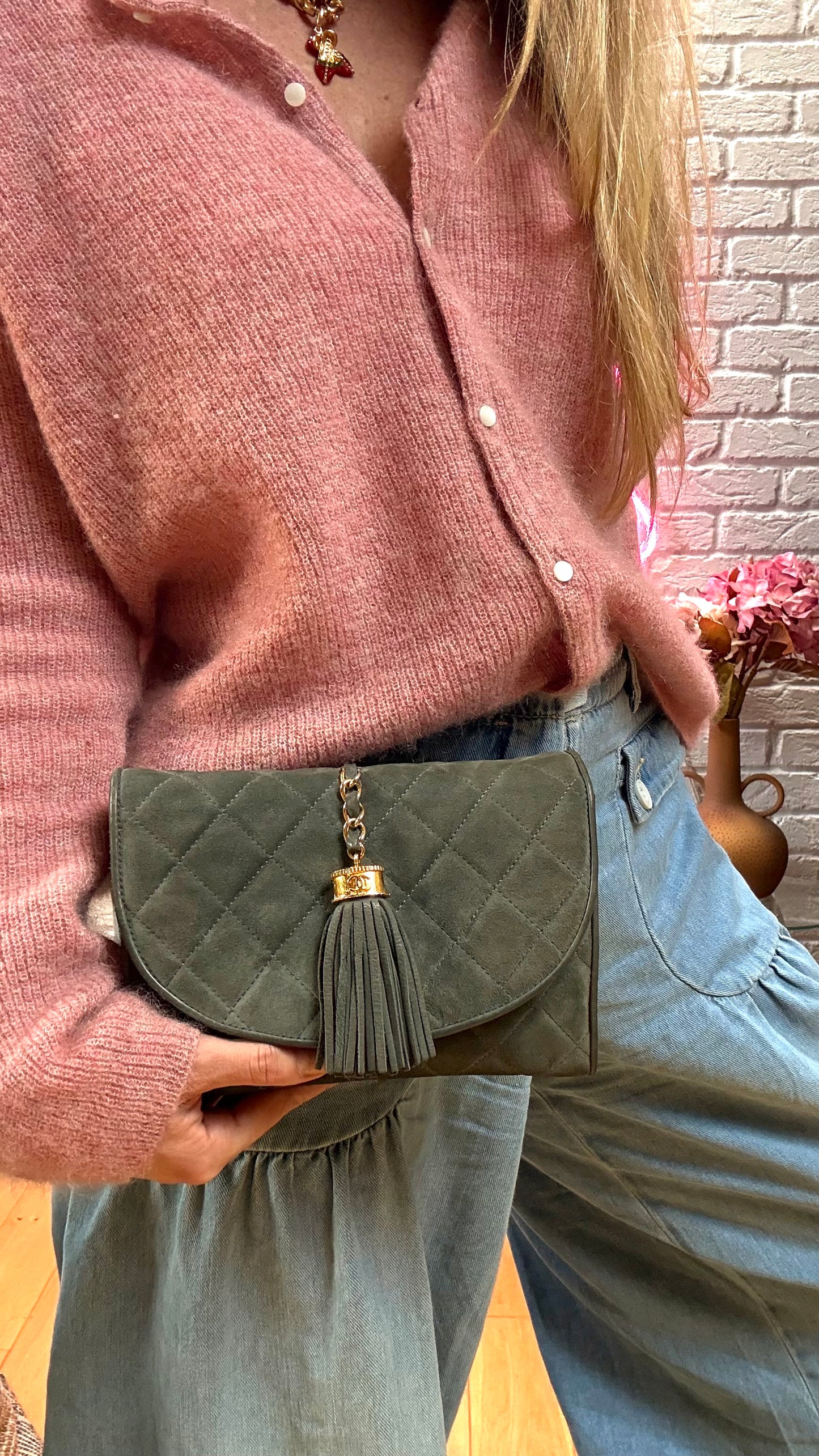 Chanel 1986 Grey Suede Tassel Clutch