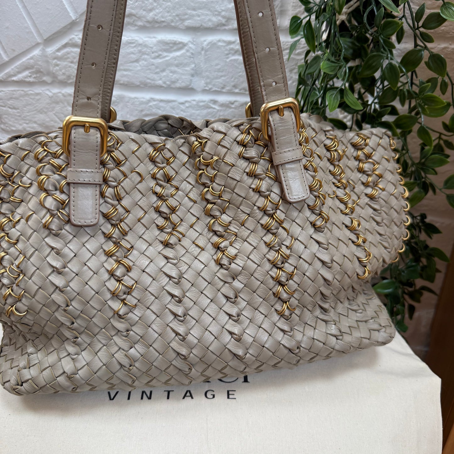 Bottega Veneta Lido Taupe & Gold ring tote