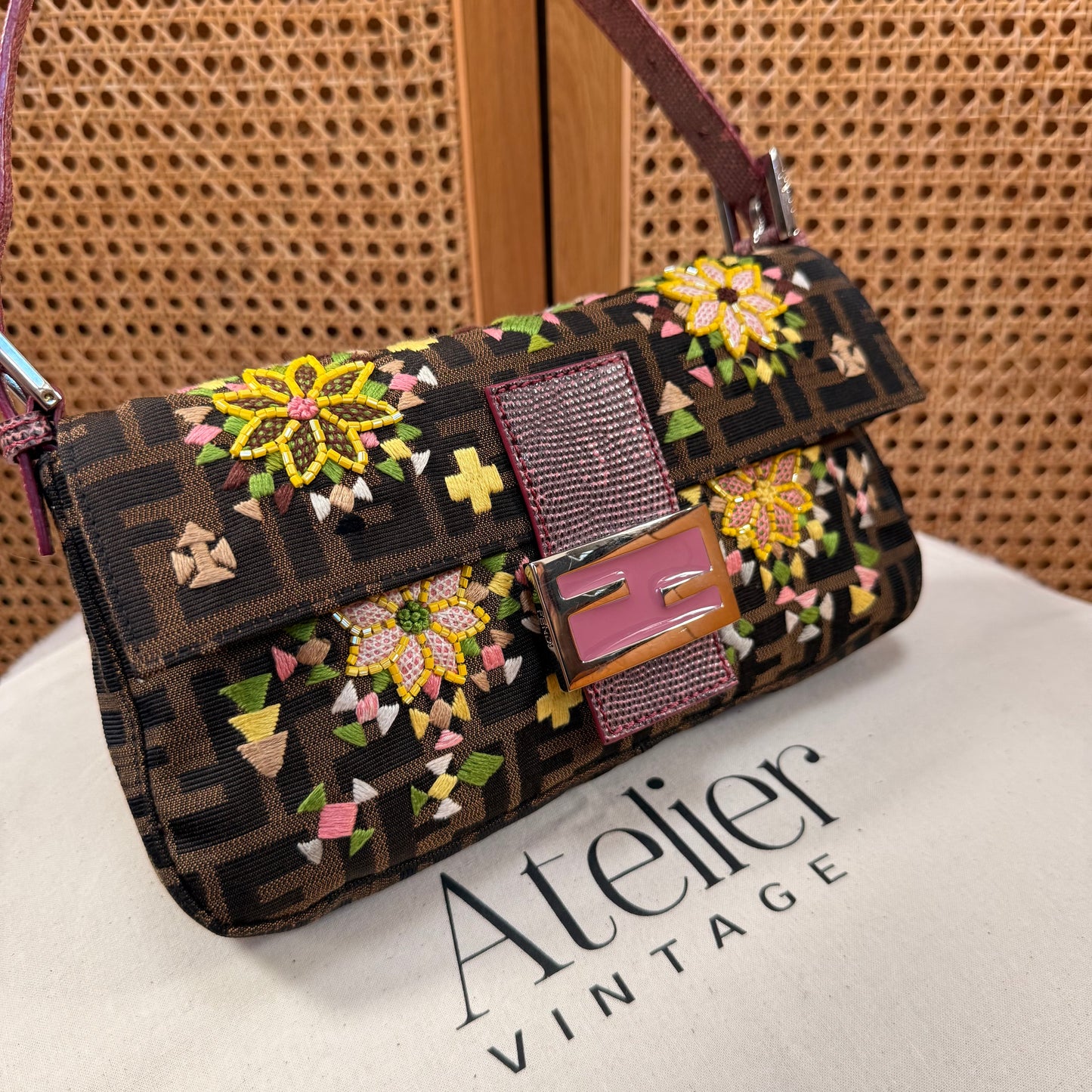 Fendi 2004 Rare Baguette Embroidered Zucca Print - Limited Edition glass bead and embroidered with exotic leather