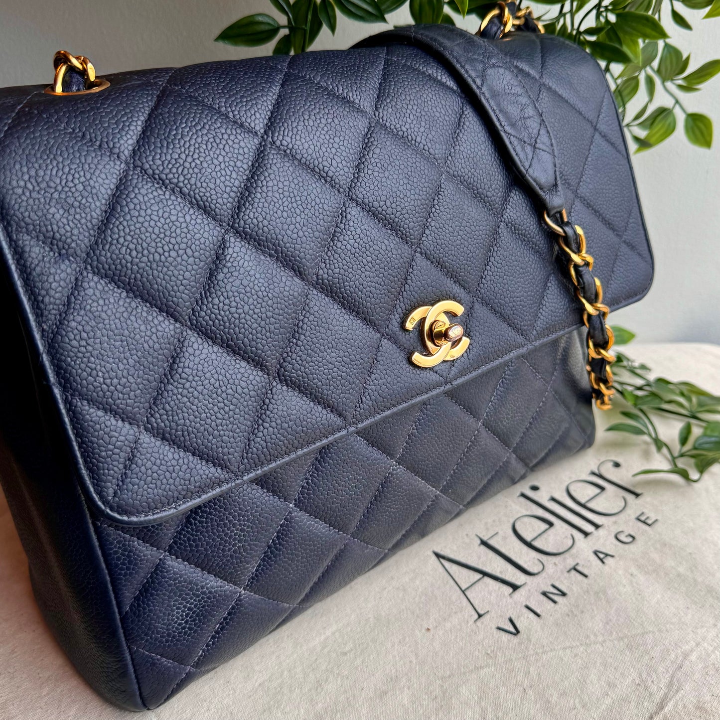 Chanel 1994 Navy Caviar Leather Large Square Single Flap