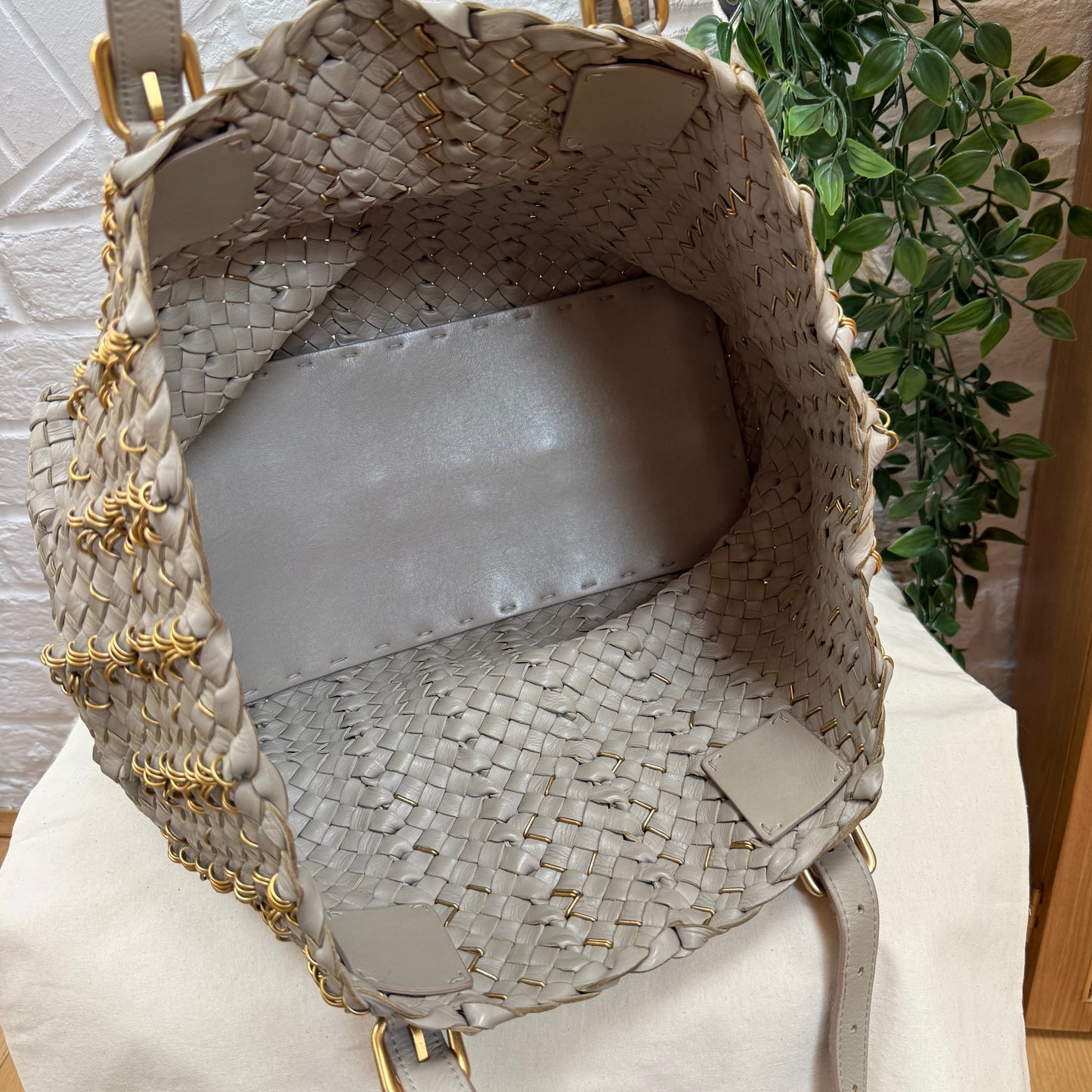 Bottega Veneta Lido Taupe & Gold ring tote