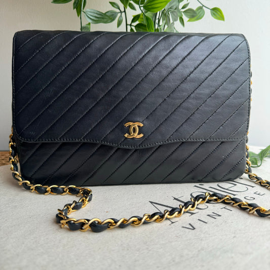 Chanel Early 1980s Diagonal Quilted Single Flap
