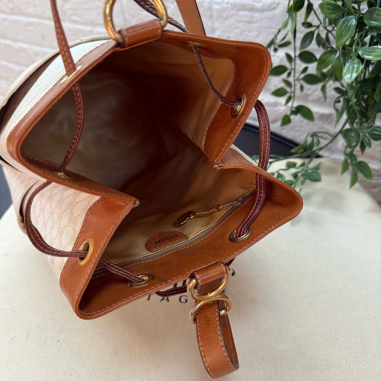 Celine 1990s Beige Macadam Bucket Bag