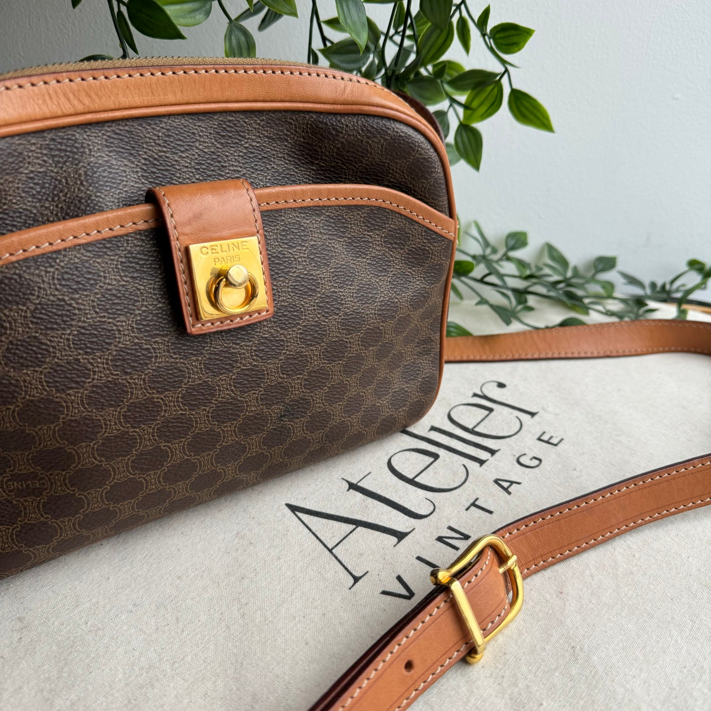 Celine Macadam Brown Double Zip Shoulder Bag