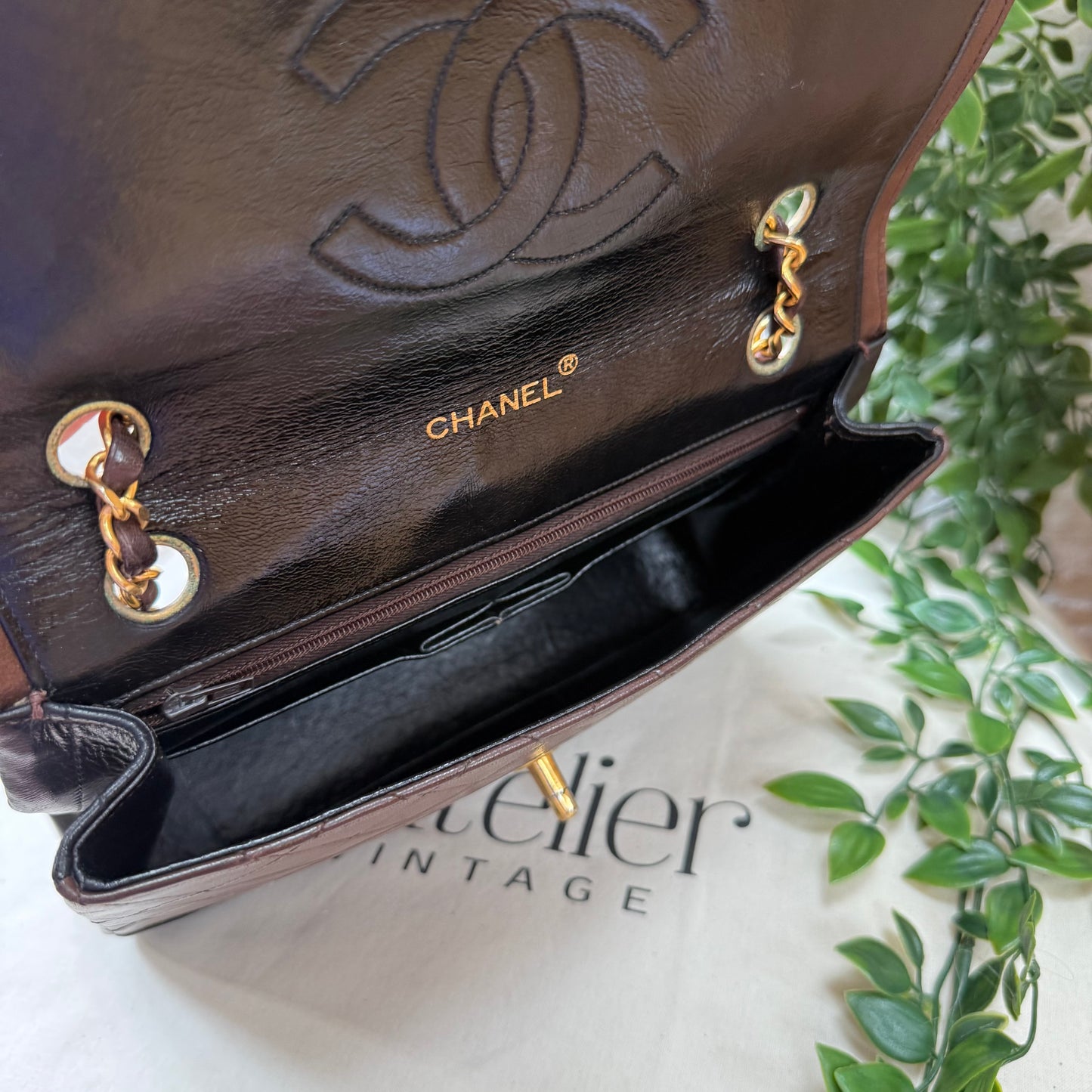 Chanel 1986 chocolate brown & black half moon two way single flap