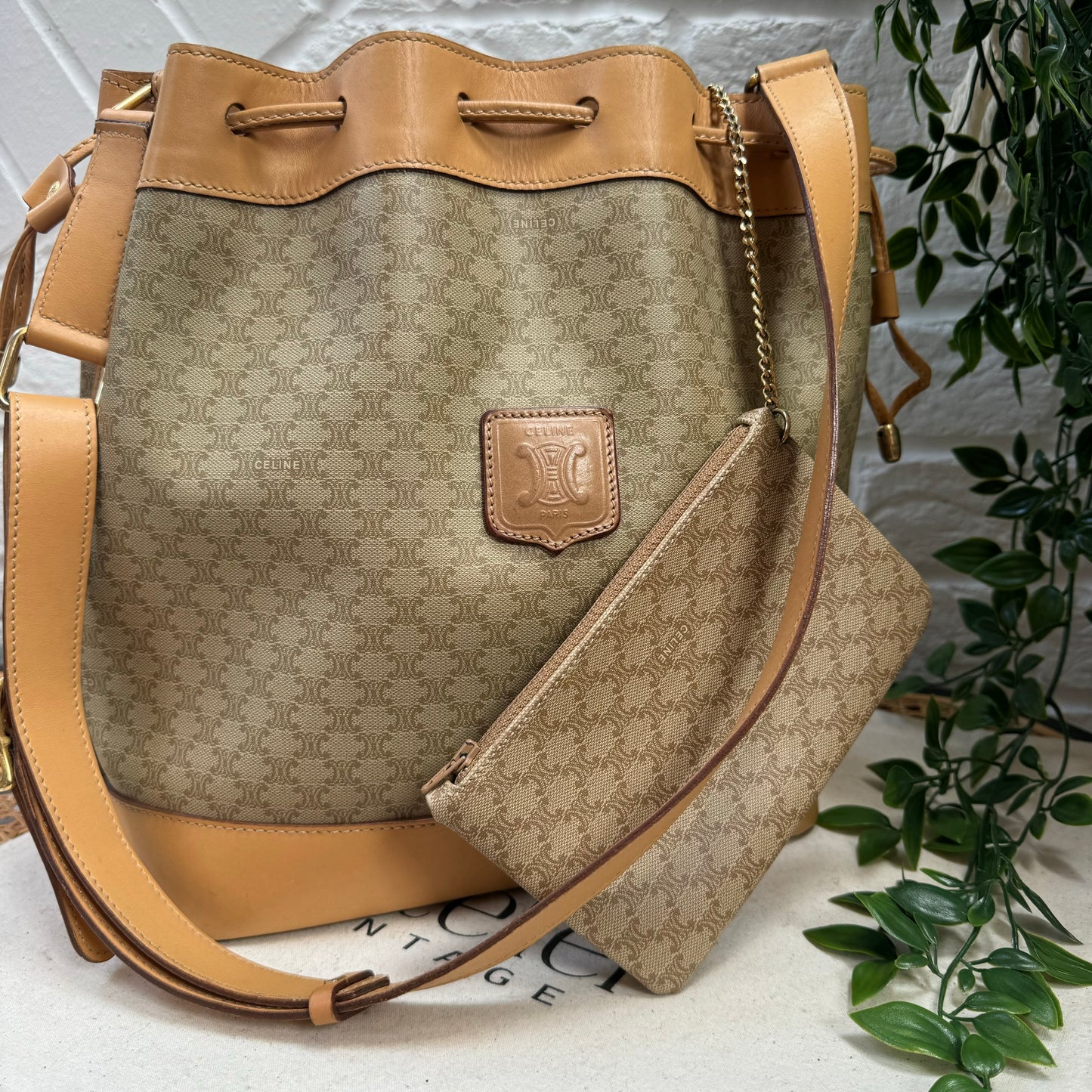 Celine Beige Macadam Bucket Bag with Pouch