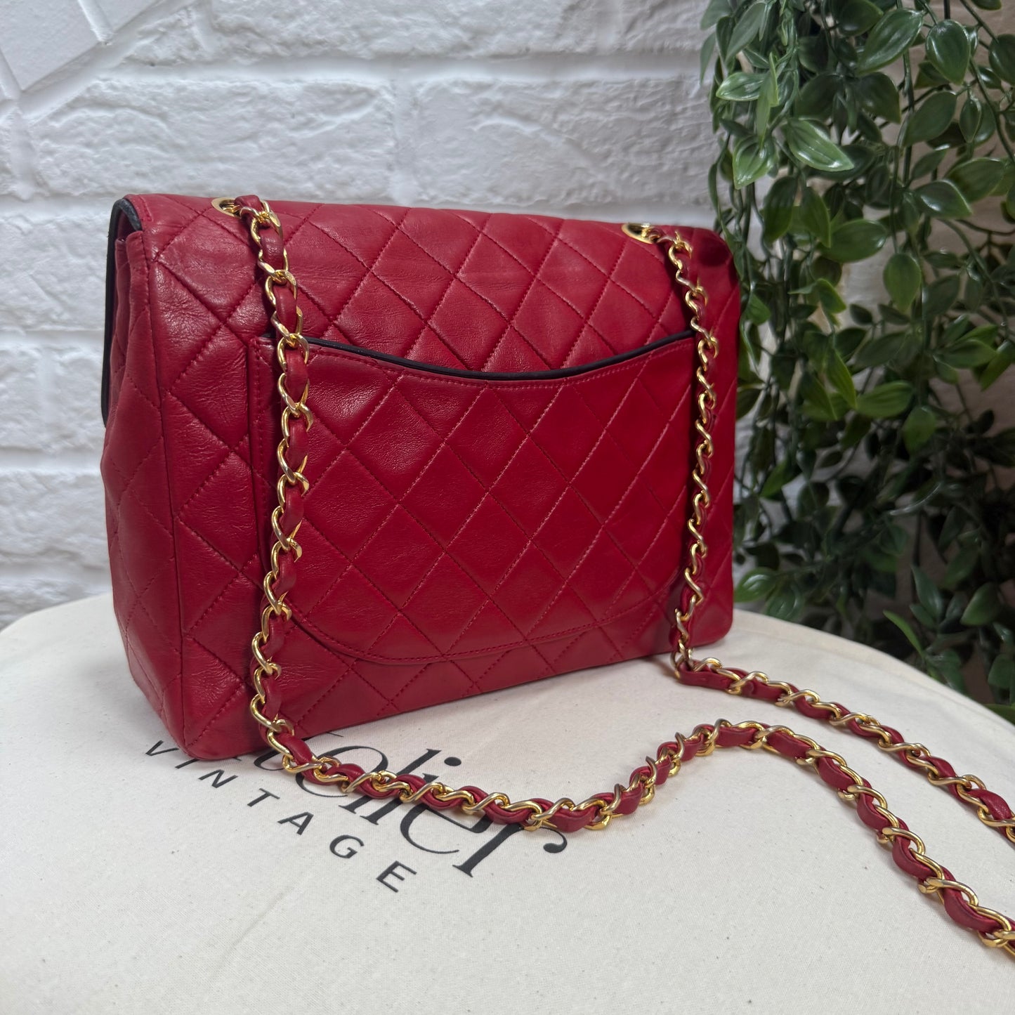 Chanel 1989 Rare Red with navy piping 25cm Square single flap