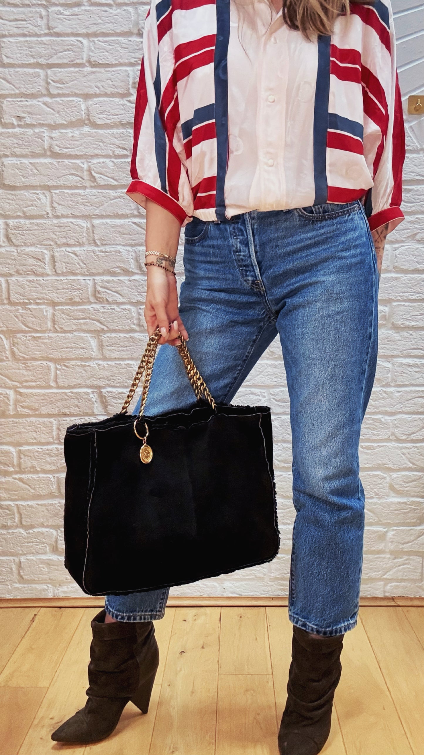 Chanel 2002 Suede & Shearling Chain Medalion Charm Tote