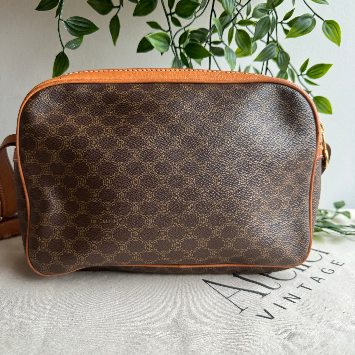 Celine Macadam Brown Double Zip Shoulder Bag