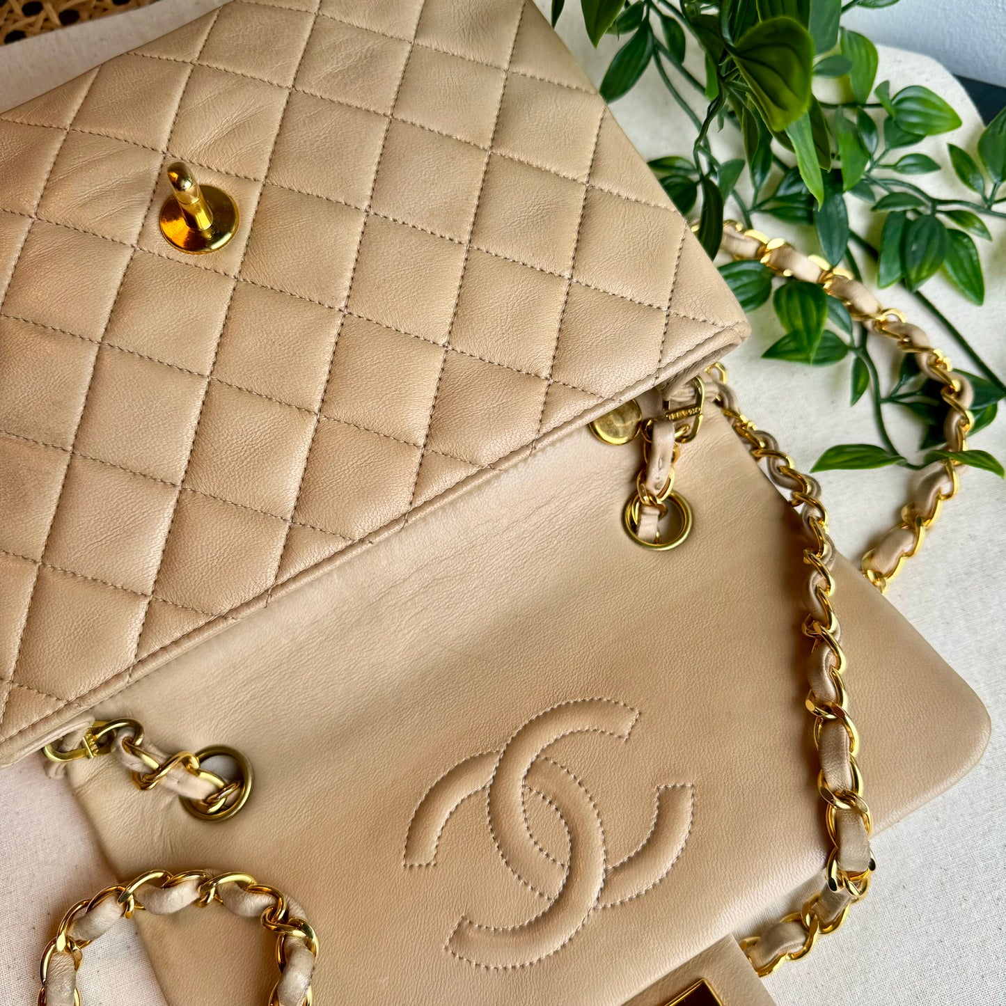 Chanel 1991 Beige Square Classic Single Flap Medium