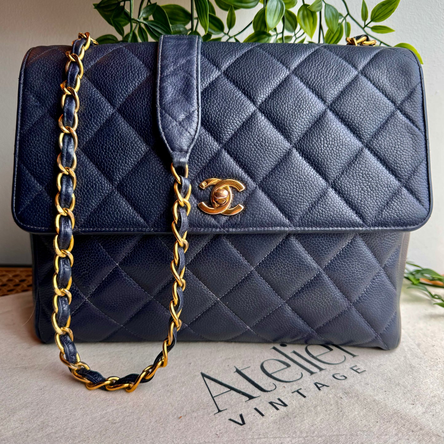 Chanel 1994 Navy Caviar Leather Large Square Single Flap