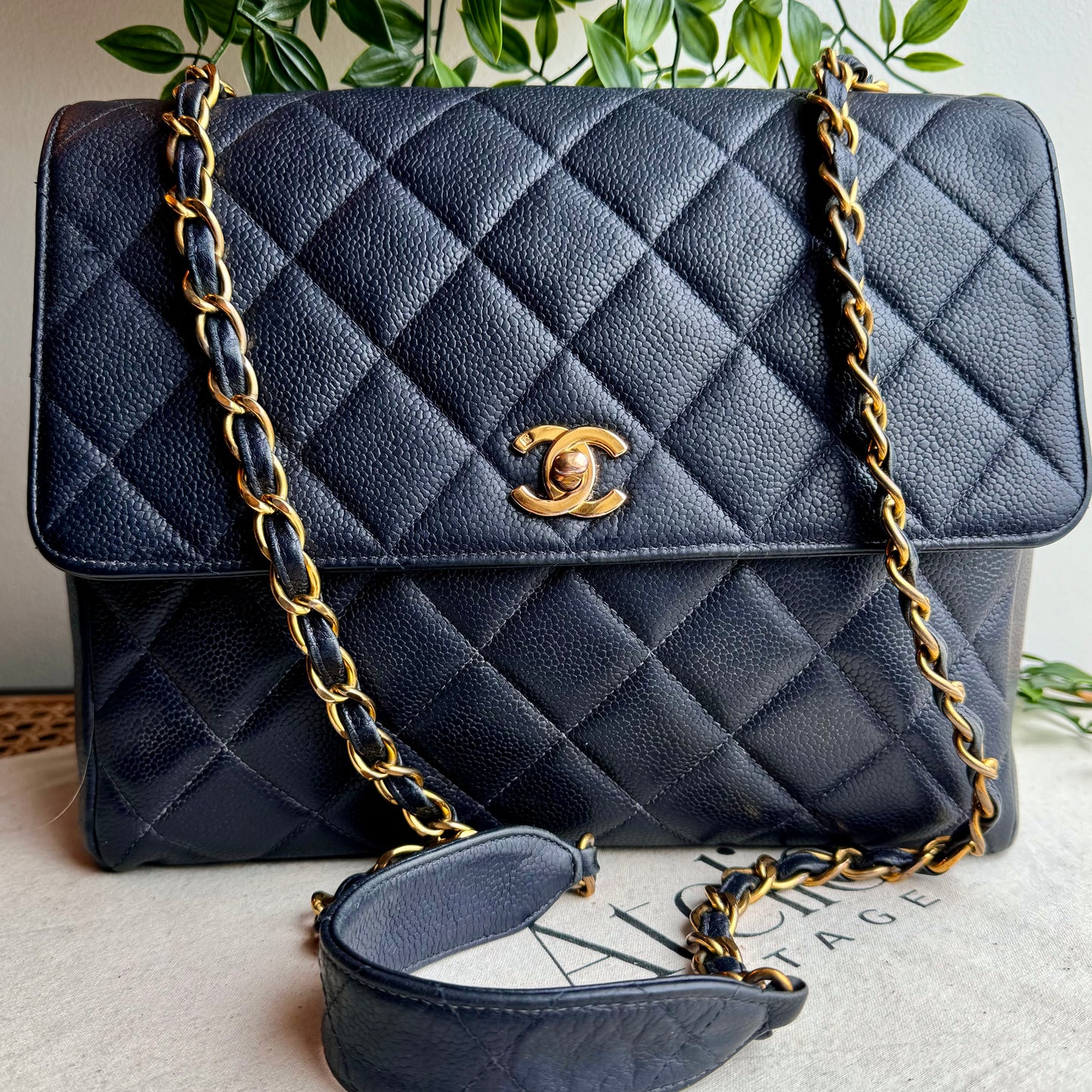 Chanel 1994 Navy Caviar Leather Large Square Single Flap