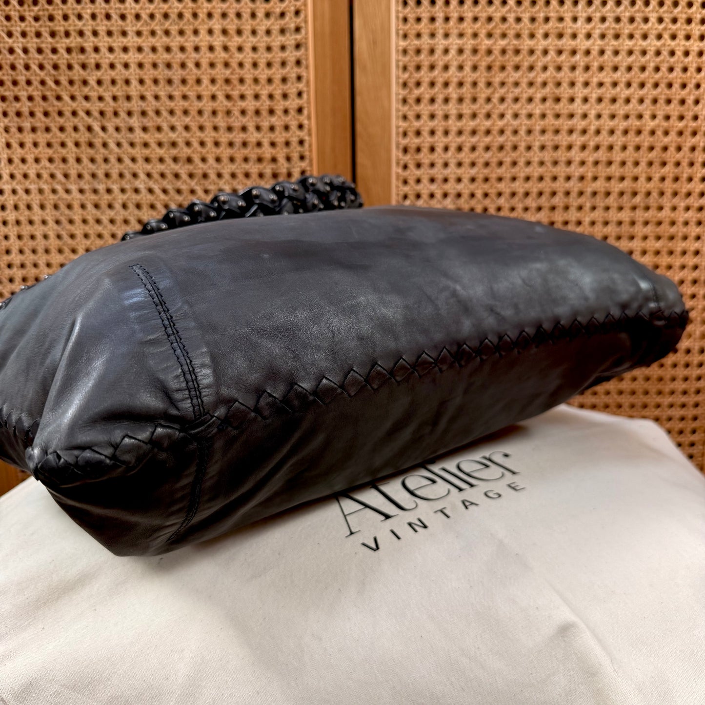 Bottega Veneta 1990s Black Leather Studded Two Way Tote