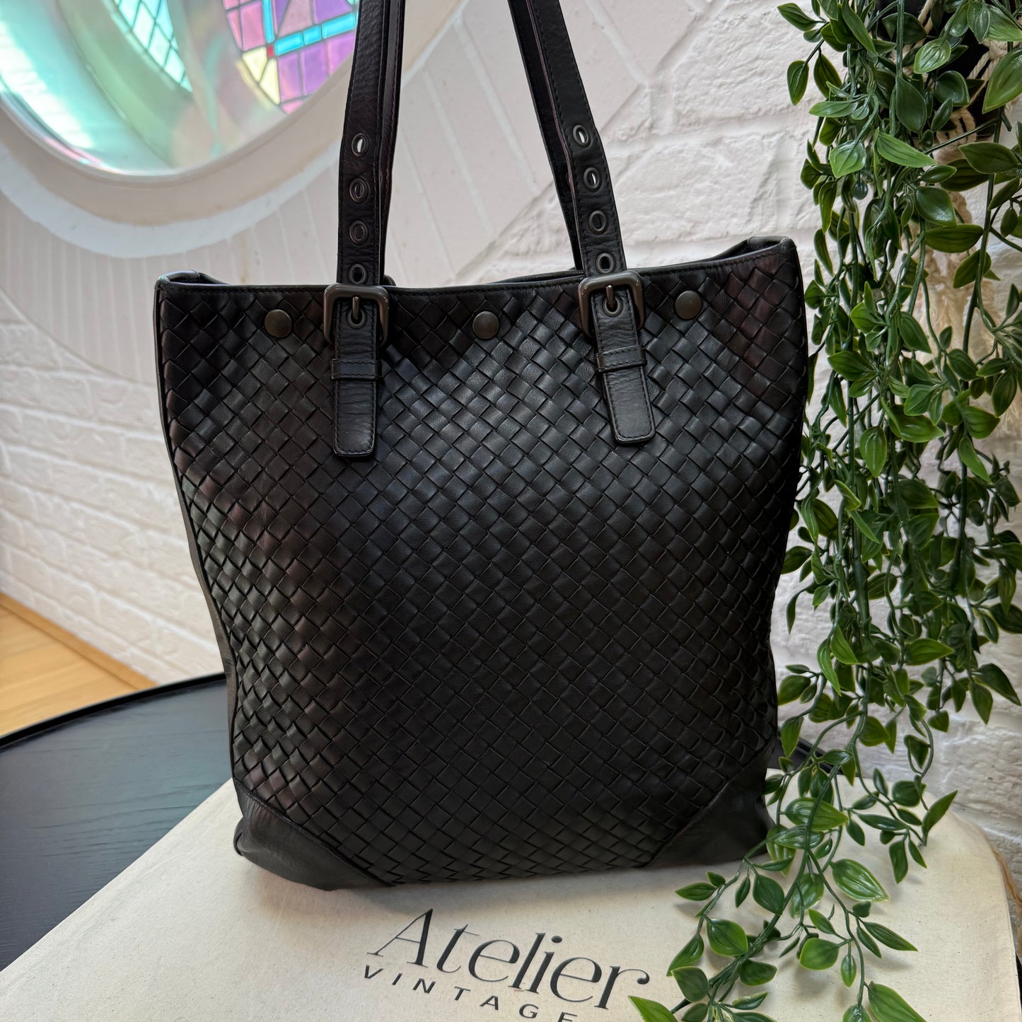 Bottega Veneta 1990s Black Intrecciato Leather Tote