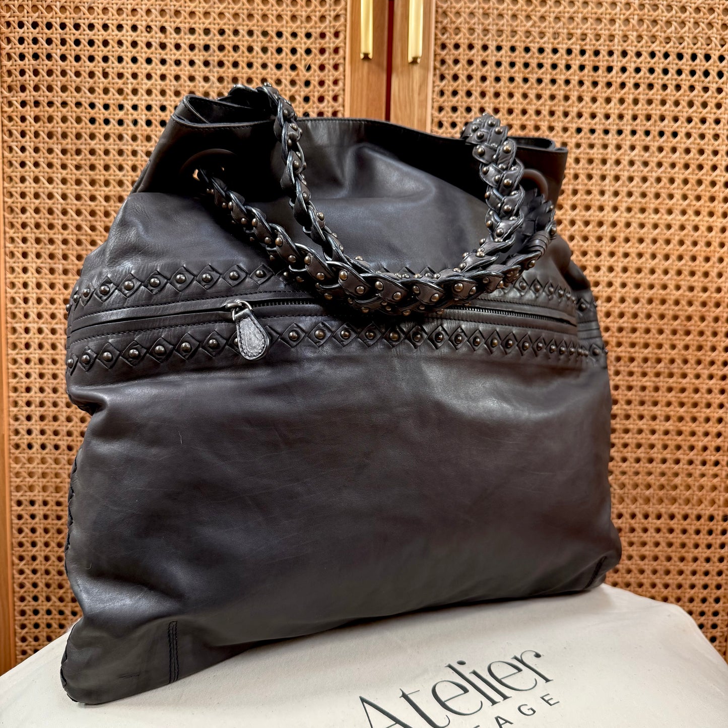 Bottega Veneta 1990s Black Leather Studded Two Way Tote