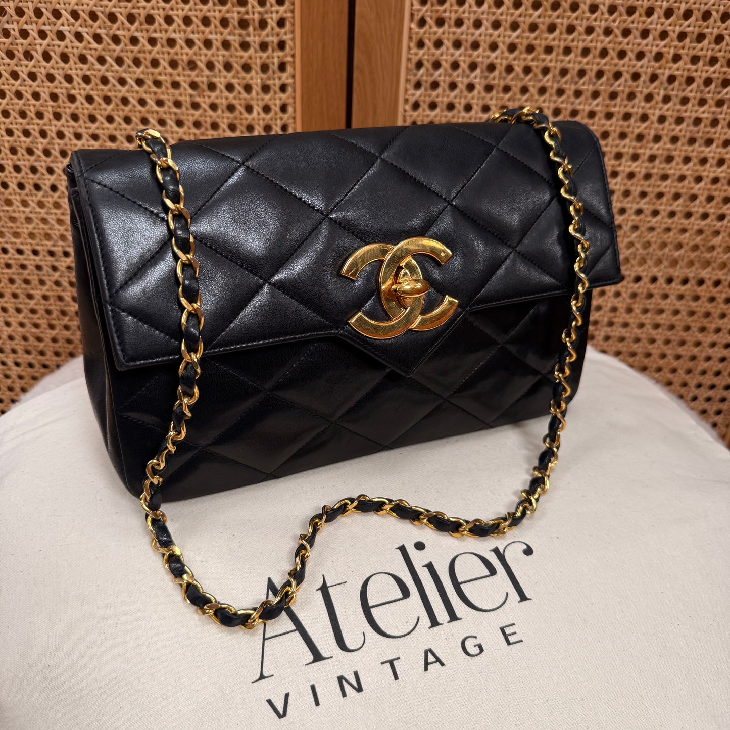 Chanel 1986 Black Limited Edition Jumbo CC Diamond Quilted Single Flap