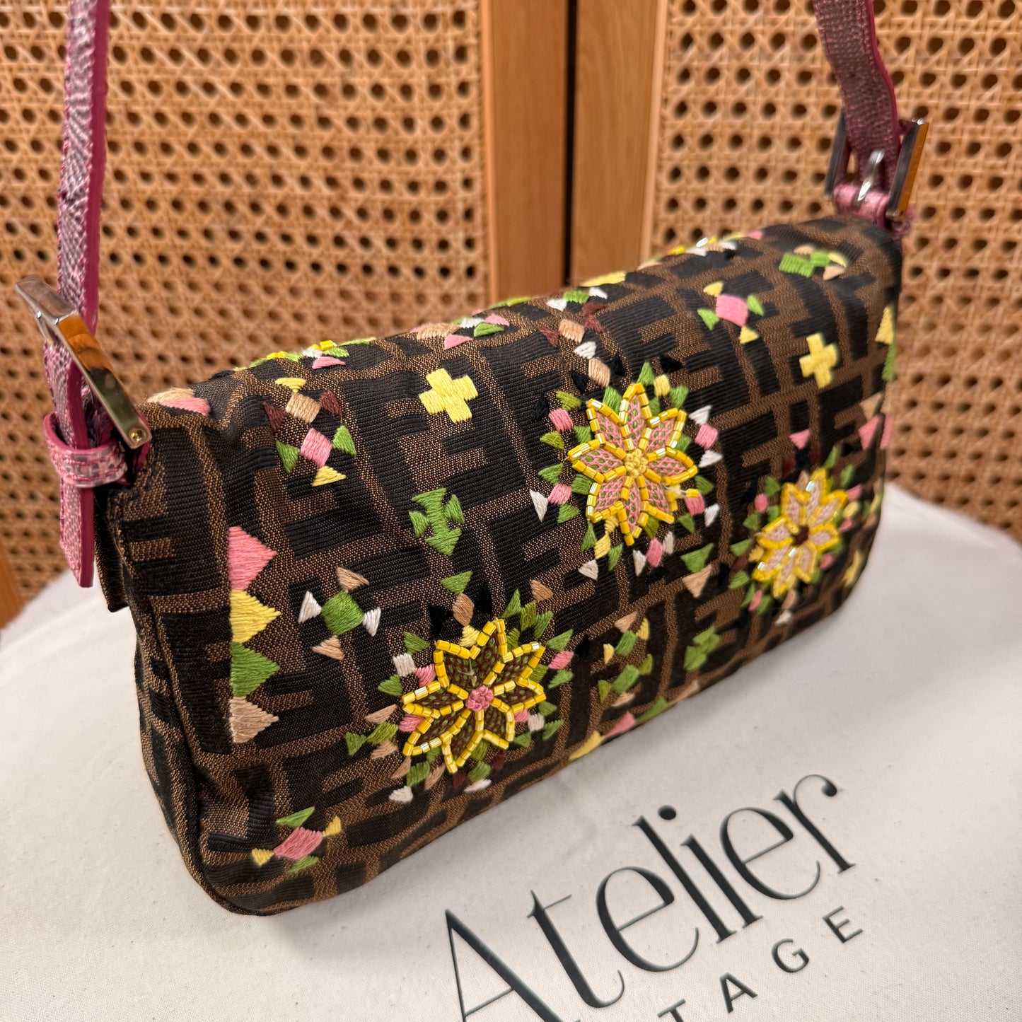 Fendi 2004 Rare Baguette Embroidered Zucca Print - Limited Edition glass bead and embroidered with exotic leather