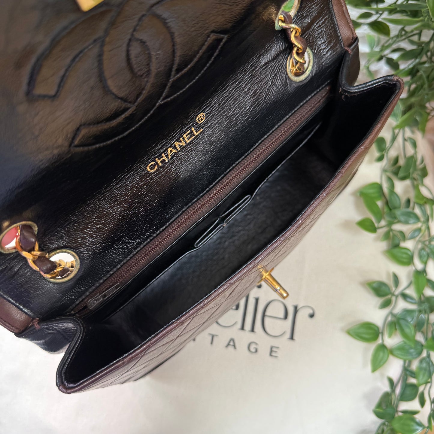 Chanel 1986 chocolate brown & black half moon two way single flap