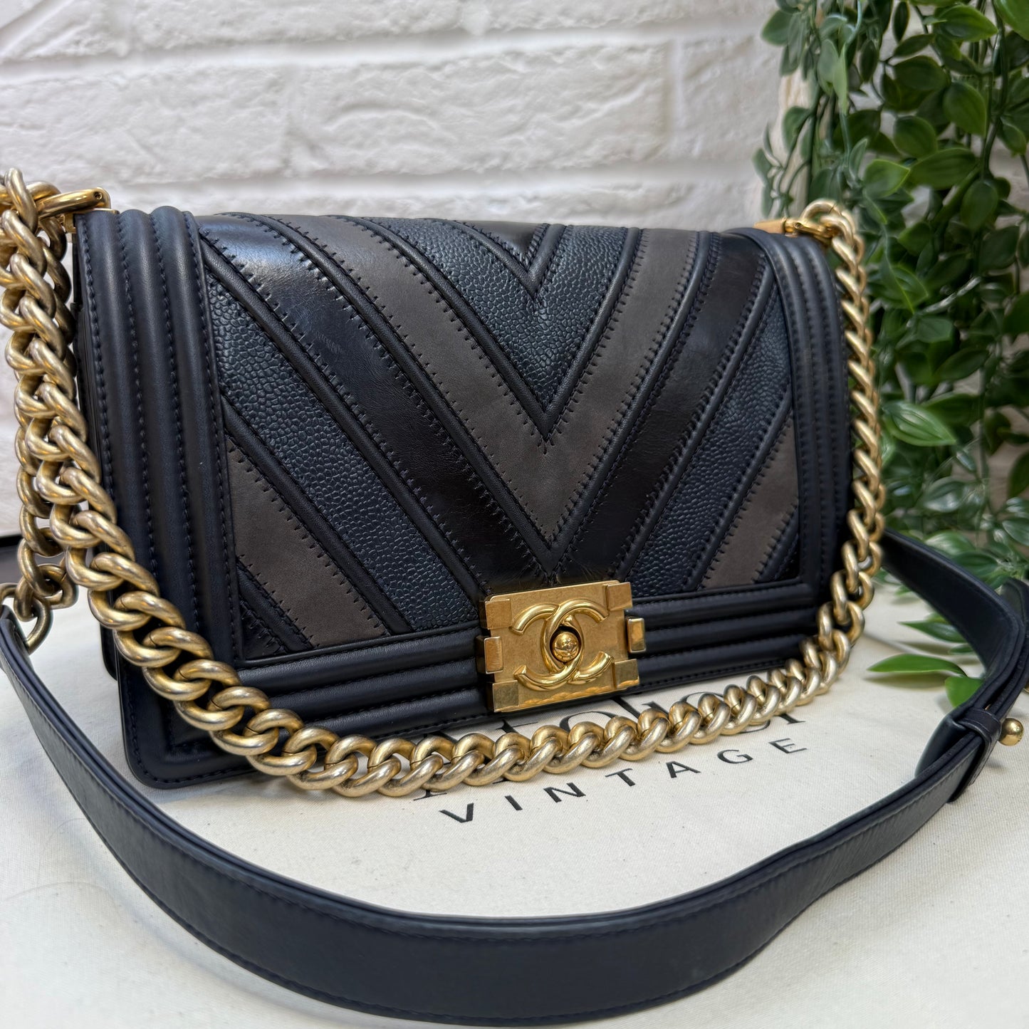 Chanel 2016 Rare Navy Le Boy Caviar & Calf Skin Chevron Old Medium