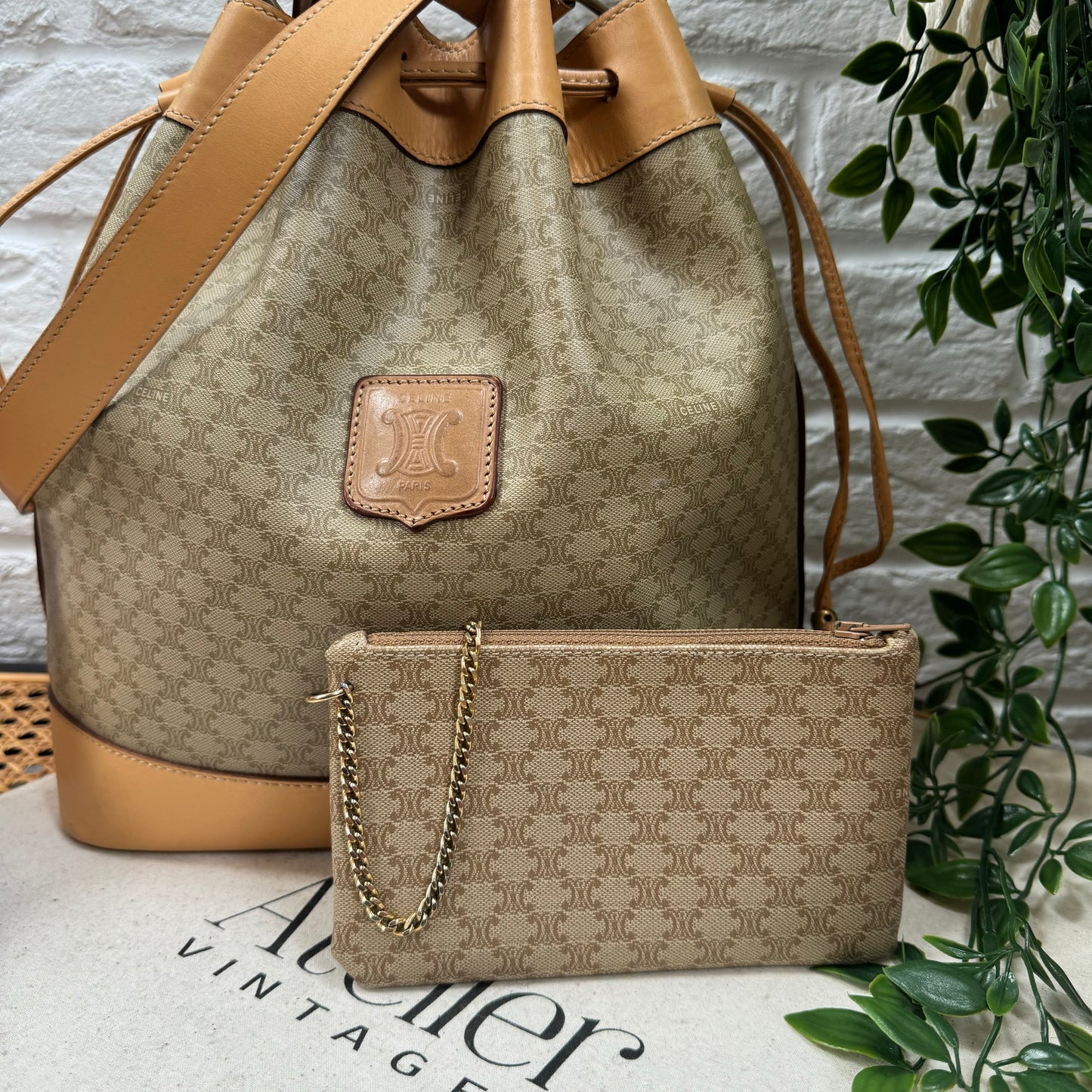 Celine Beige Macadam Bucket Bag with Pouch