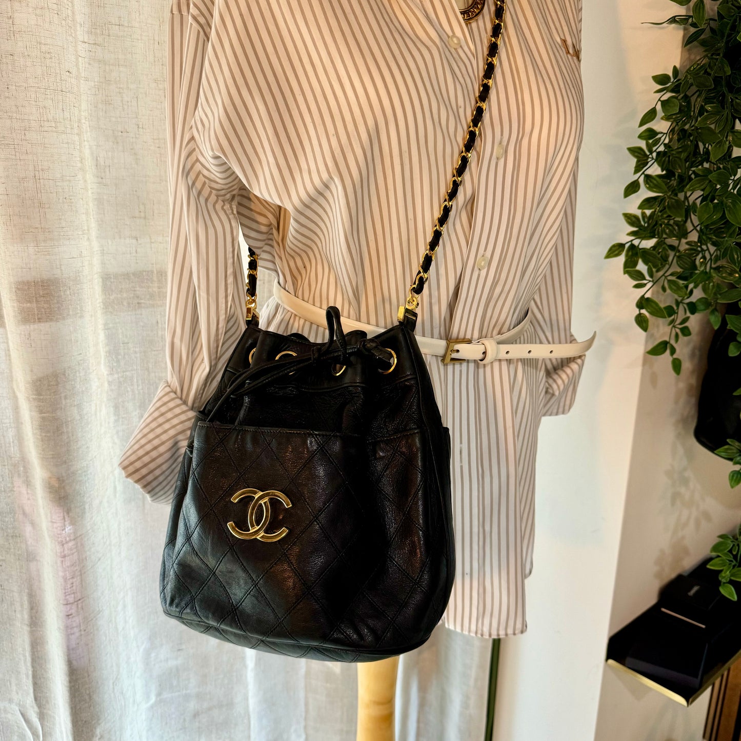 Chanel 1986 CC Charm Quilted Bucket Bag with Pouch