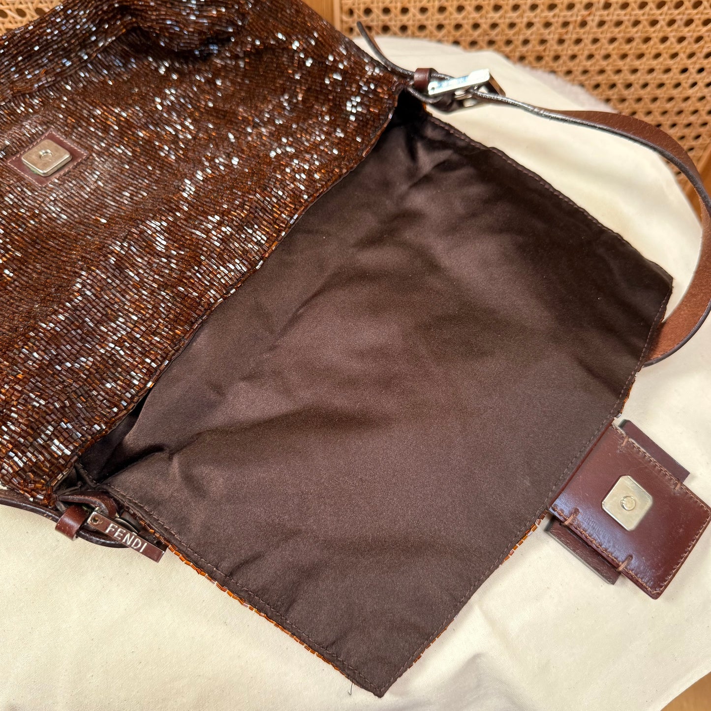 Fendi 2000 Rare Mamma Baguette Bronze - Limited Edition full glass beaded with chocolate leather