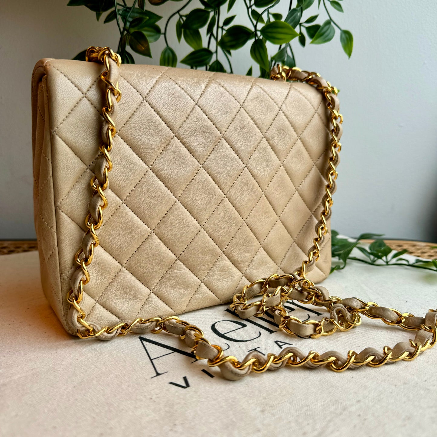 Chanel 1991 Beige Square Classic Single Flap Medium