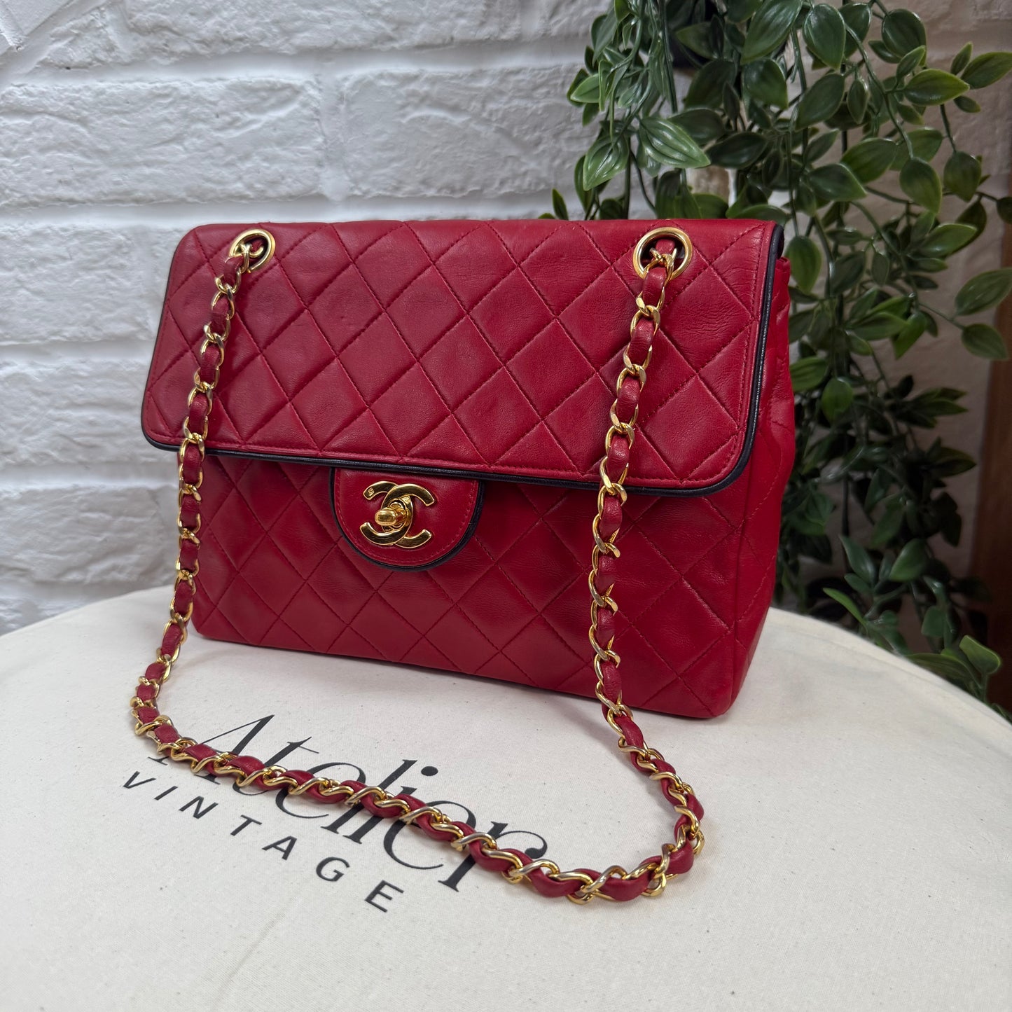 Chanel 1989 Rare Red with navy piping 25cm Square single flap