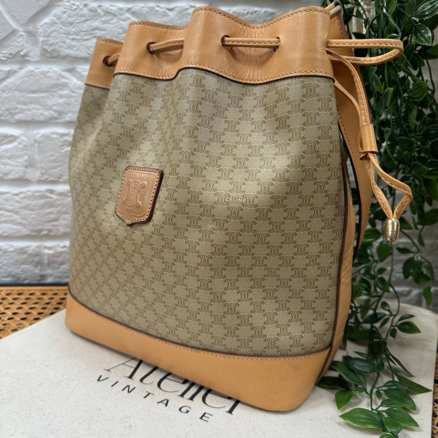 Celine Beige Macadam Bucket Bag with Pouch