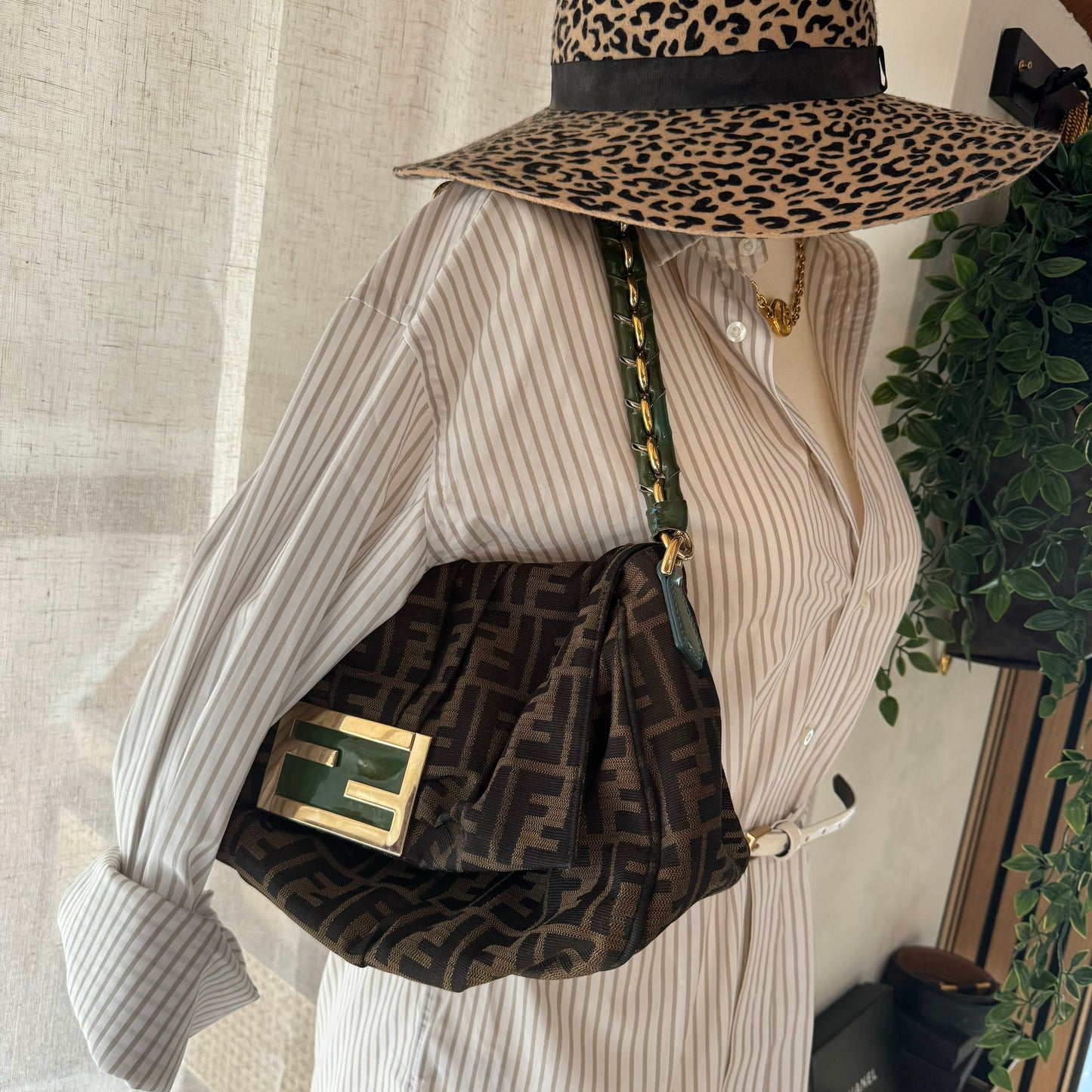 Fendi 1990s Zucca Print & Emerald Chain Strap Bag