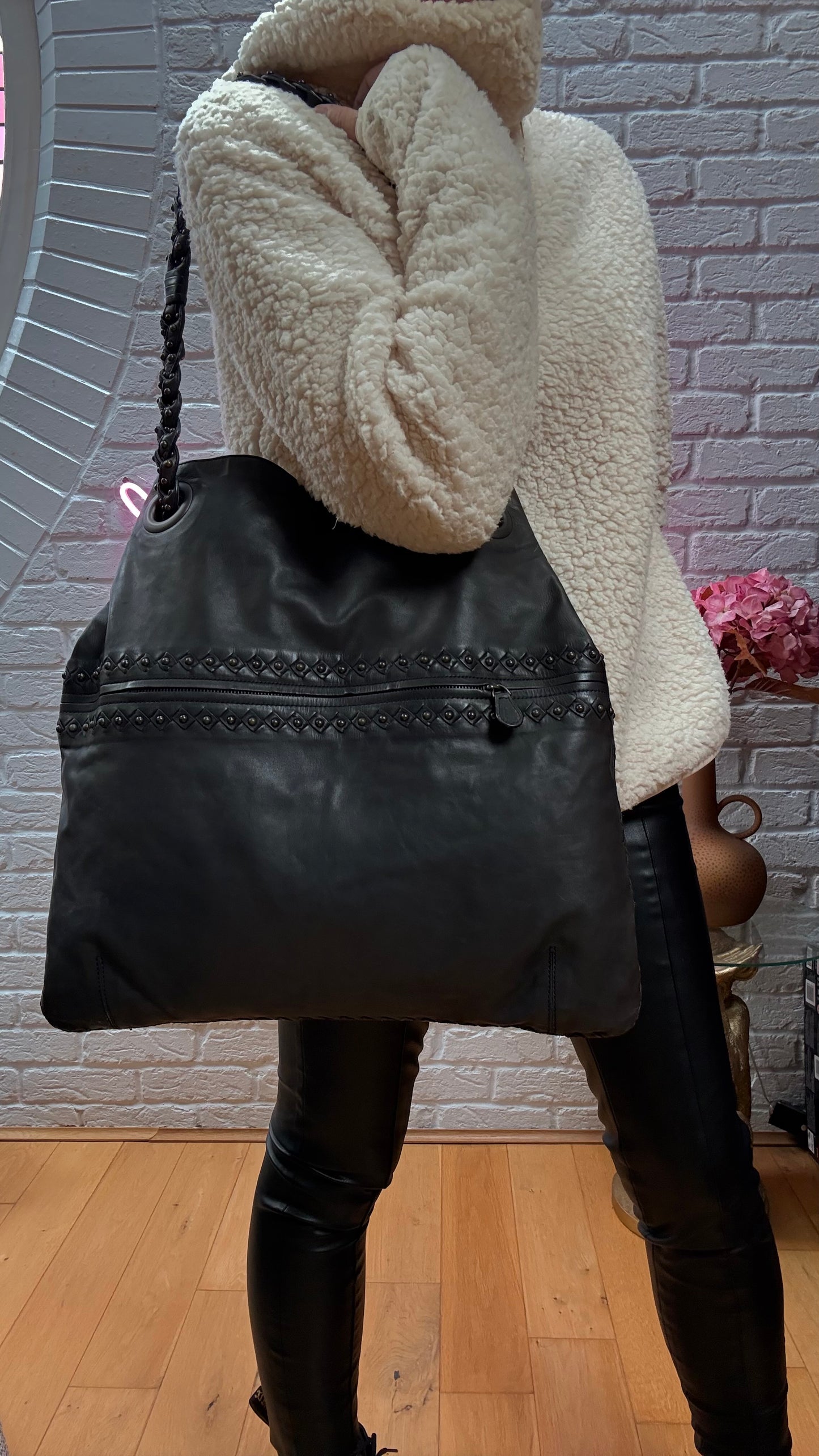 Bottega Veneta 1990s Black Leather Studded Two Way Tote
