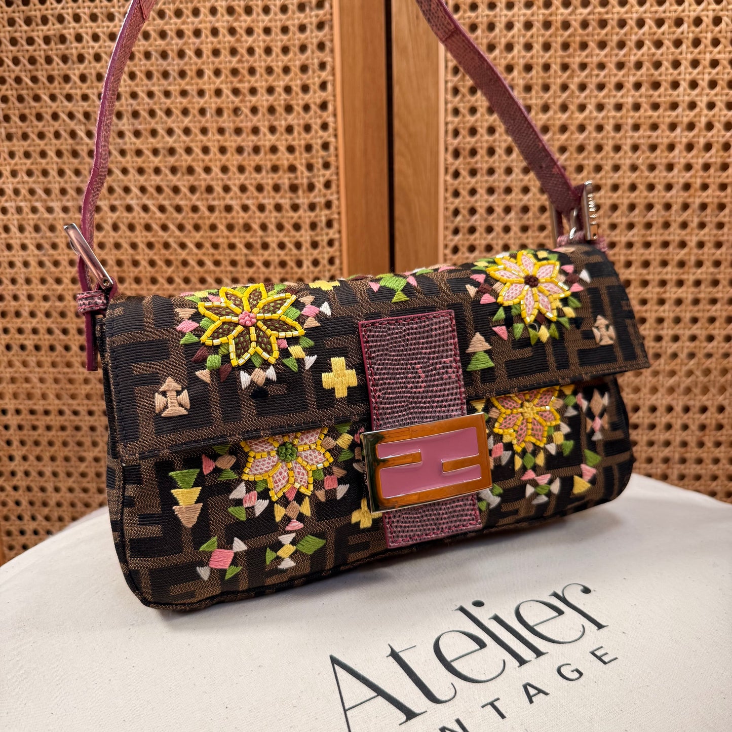 Fendi 2004 Rare Baguette Embroidered Zucca Print - Limited Edition glass bead and embroidered with exotic leather