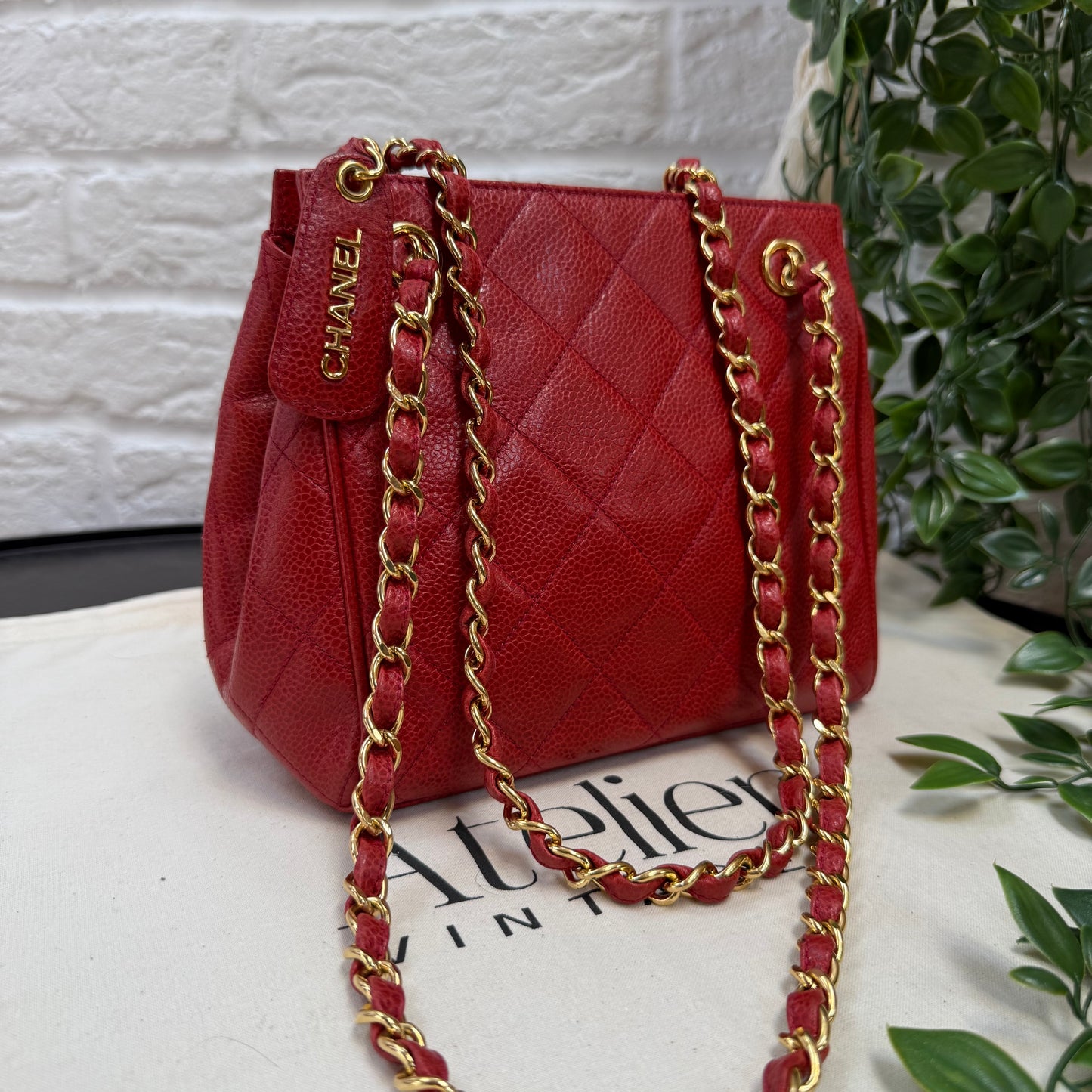 Chanel 1989 Chanel Red Caviar CC Quilted Shoulder Bag