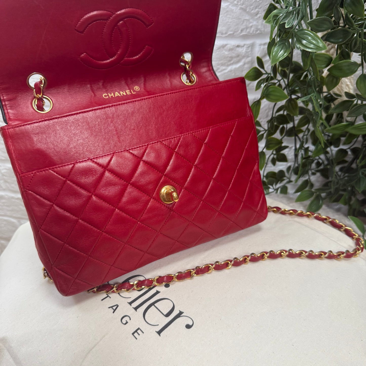 Chanel 1989 Rare Red with navy piping 25cm Square single flap