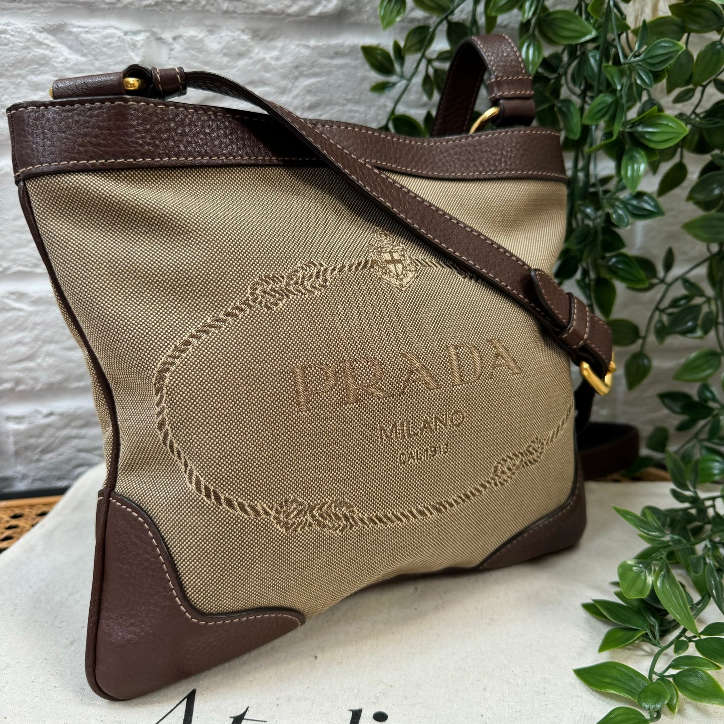 Prada Jacquard Brown/Beige Cross Body Messenger Bag