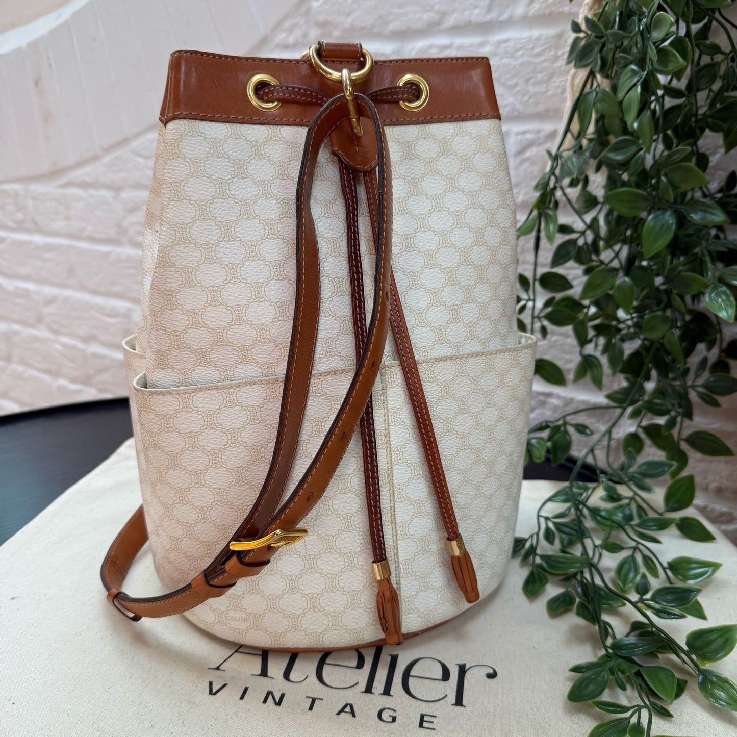 Celine 1990s Beige Macadam Bucket Bag