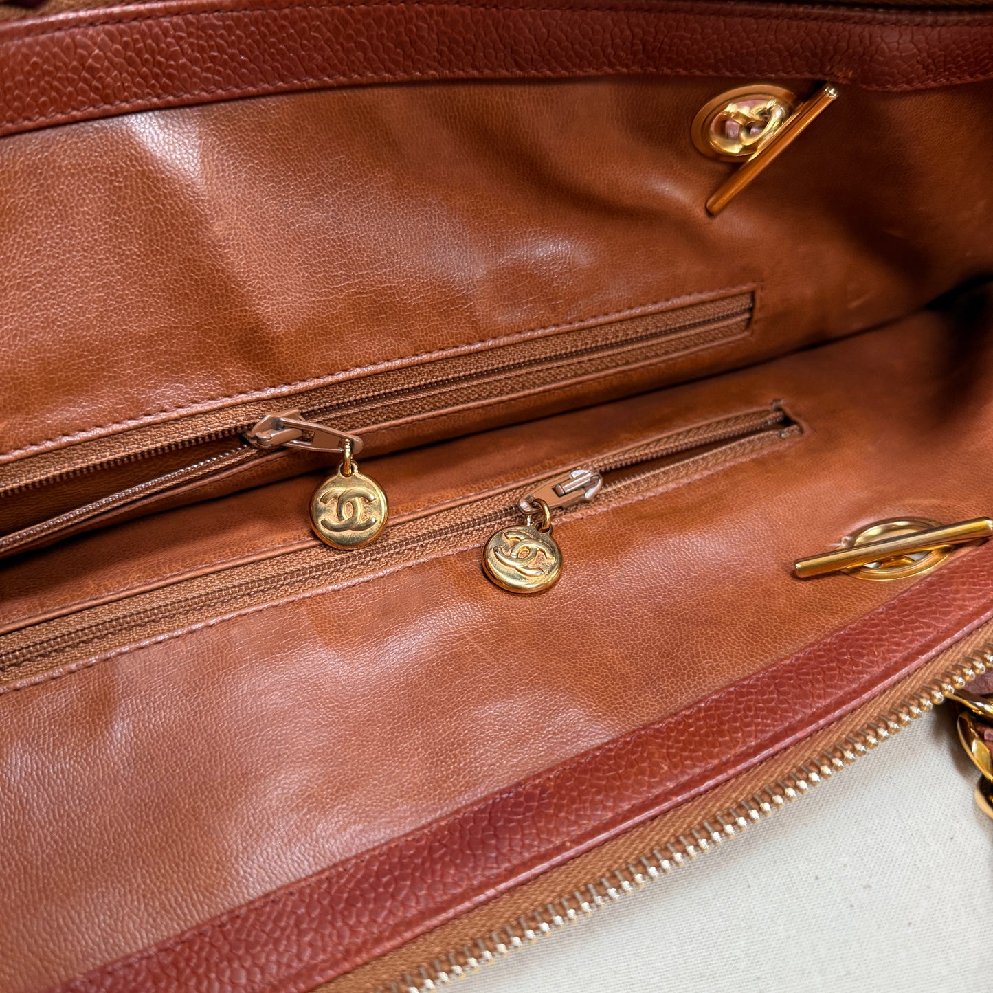 Chanel 1991 Rare Cognac Caviar leather tote with Turnlock front compartment