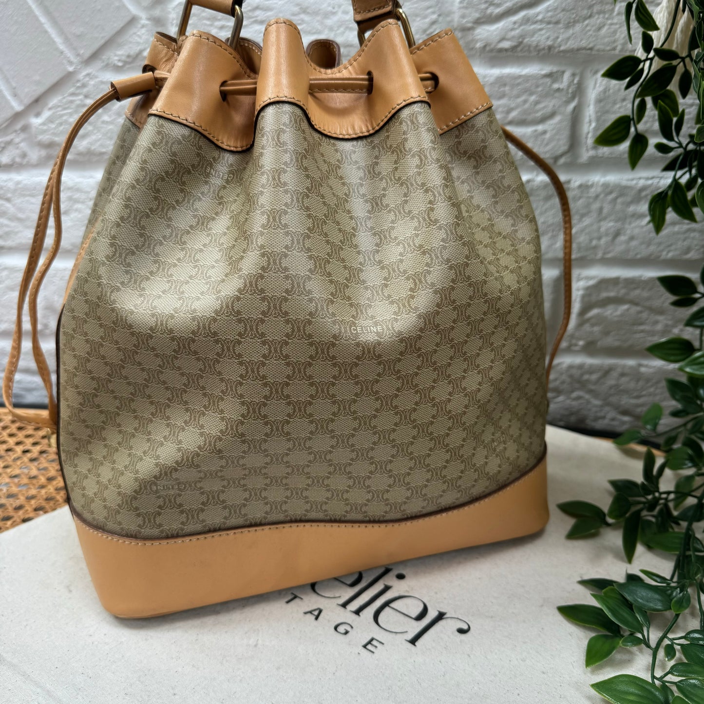 Celine Beige Macadam Bucket Bag with Pouch