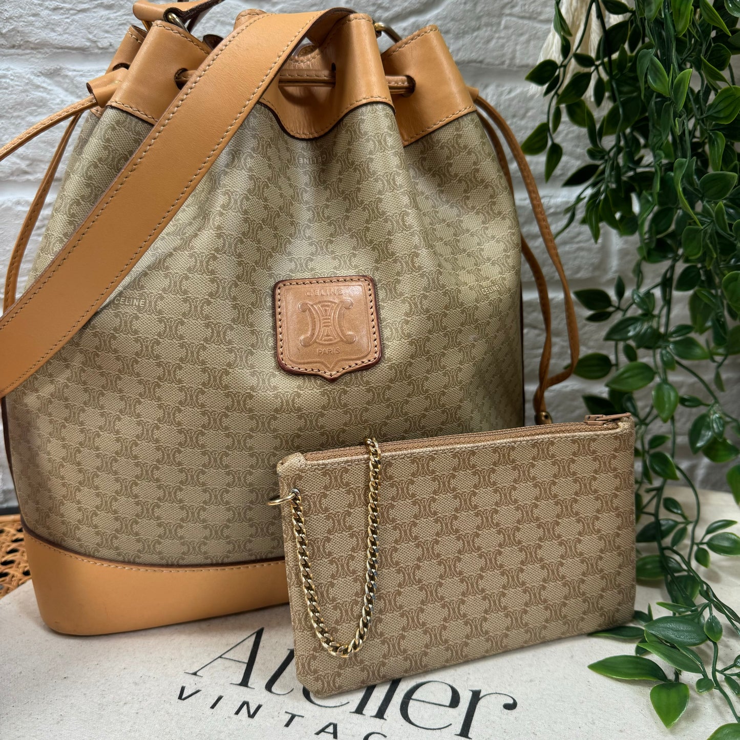 Celine Beige Macadam Bucket Bag with Pouch