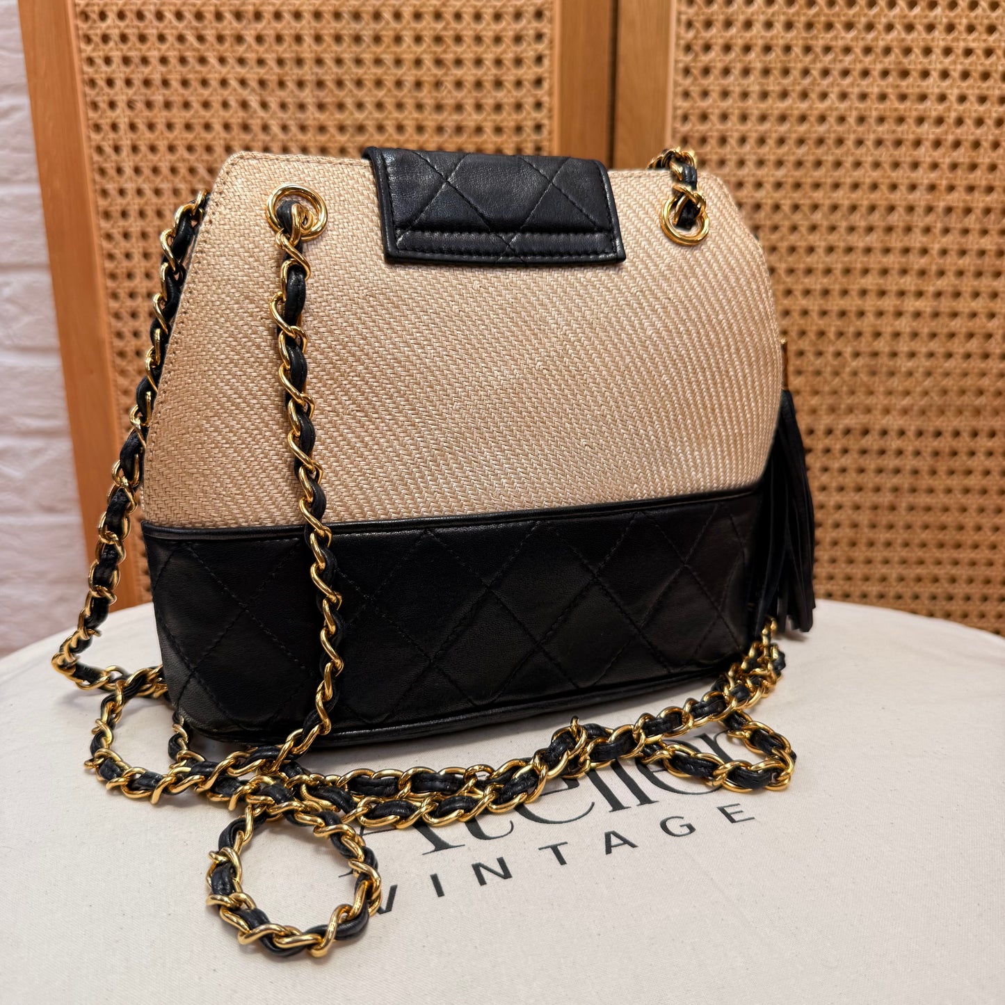 Chanel 1989 Rare Raffia & Leather Tassel Two Way Bag