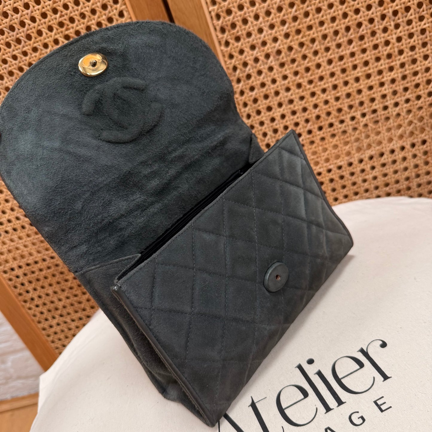 Chanel 1986 Grey Suede Tassel Clutch