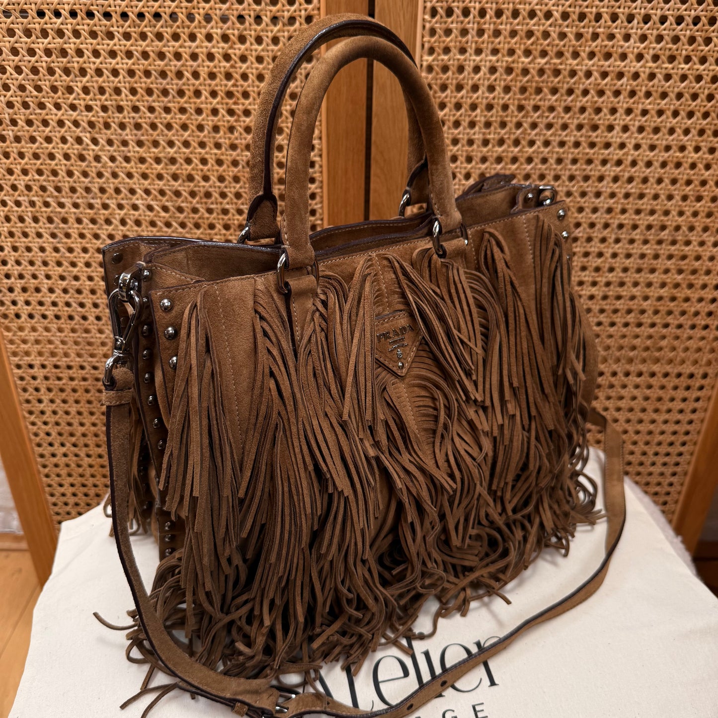 Prada Saffiano Two Way Suede Fringed tote