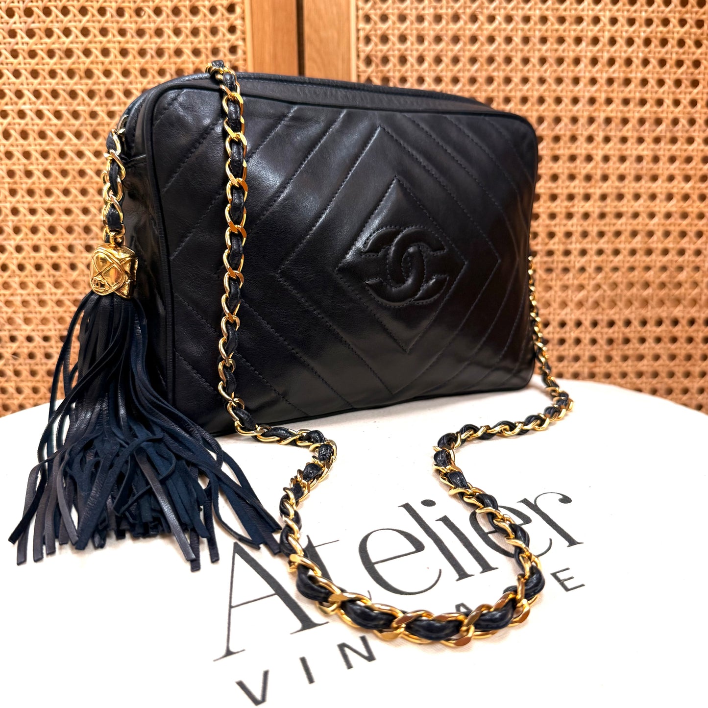 Chanel 1989 Dark Navy CC Quilted Tassel Camera Bag