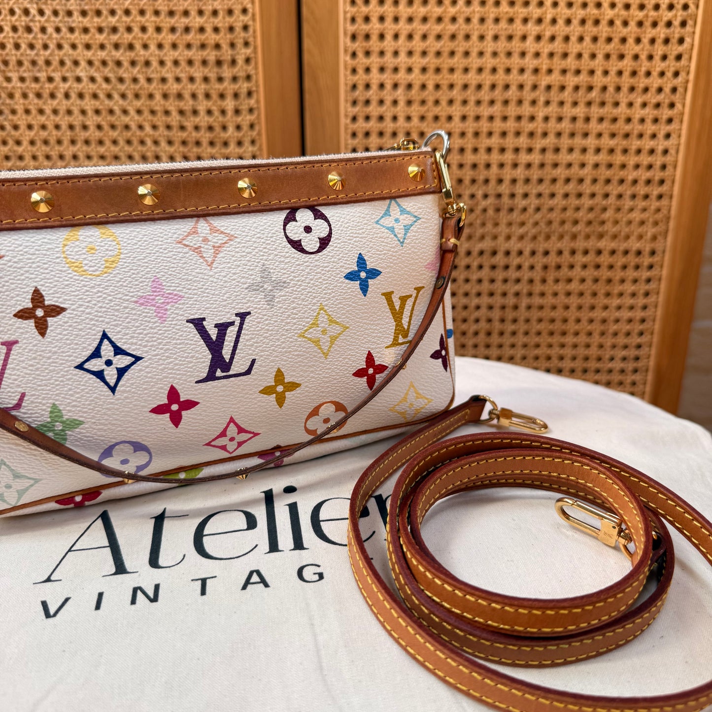 Louis Vuitton 2003 Murakami white Multi Color Pochette Accesssoires with cross body strap
