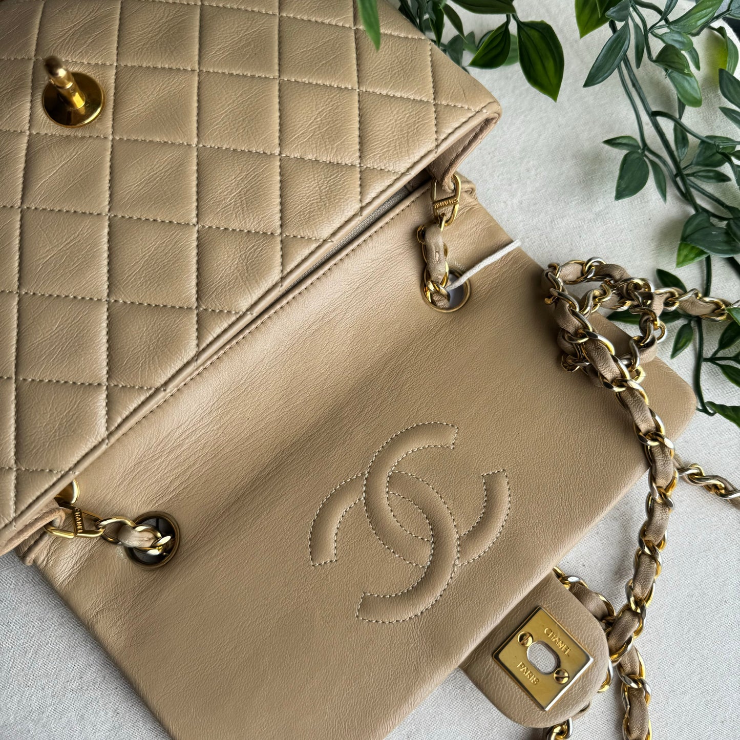 Chanel 1989 Beige Square Classic Single Flap Medium